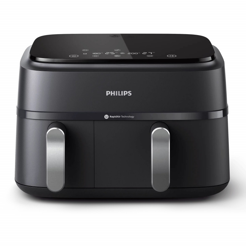 Διπλή φριτέζα θερμού αέρα Philips NA351/00, 2750 W, 6+3 λίτρα, 80-200 °C, 1,5 κιλά, 8 προγράμματα, οθόνη αφής, αντιγραφή και συγχρονισμός, Μαύρο/Ασημί