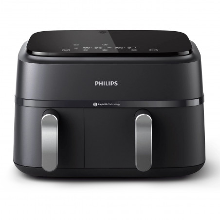 Διπλή φριτέζα θερμού αέρα Philips NA351/00, 2750 W, 6+3 λίτρα, 80-200 °C, 1,5 κιλά, 8 προγράμματα, οθόνη αφής, αντιγραφή και συγχρονισμός, Μαύρο/Ασημί