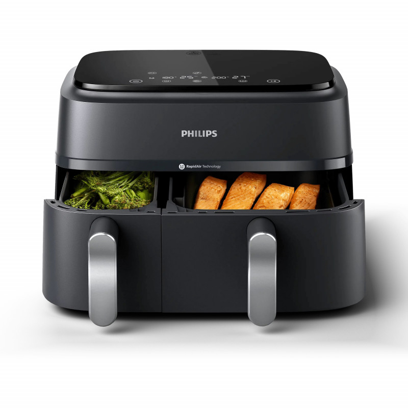 Διπλή φριτέζα θερμού αέρα Philips NA351/00, 2750 W, 6+3 λίτρα, 80-200 °C, 1,5 κιλά, 8 προγράμματα, οθόνη αφής, αντιγραφή και συγχρονισμός, Μαύρο/Ασημί