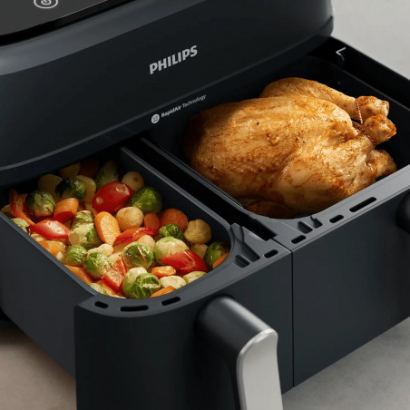 Διπλή φριτέζα θερμού αέρα Philips NA351/00, 2750 W, 6+3 λίτρα, 80-200 °C, 1,5 κιλά, 8 προγράμματα, οθόνη αφής, αντιγραφή και συγχρονισμός, Μαύρο/Ασημί