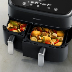 Διπλή φριτέζα θερμού αέρα Philips NA351/00, 2750 W, 6+3 λίτρα, 80-200 °C, 1,5 κιλά, 8 προγράμματα, οθόνη αφής, αντιγραφή και συγχρονισμός, Μαύρο/Ασημί