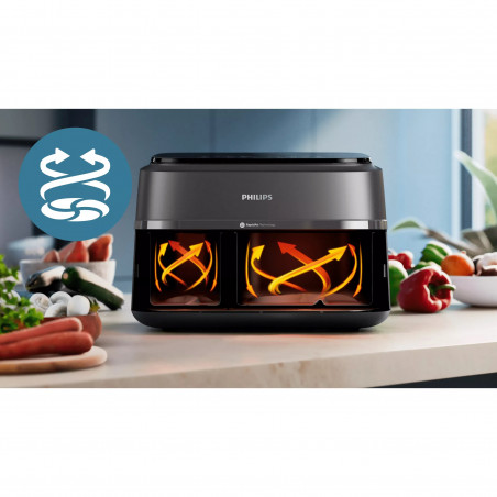 Διπλή φριτέζα θερμού αέρα Philips NA351/00, 2750 W, 6+3 λίτρα, 80-200 °C, 1,5 κιλά, 8 προγράμματα, οθόνη αφής, αντιγραφή και συγχρονισμός, Μαύρο/Ασημί