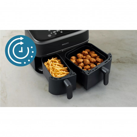 Διπλή φριτέζα θερμού αέρα Philips NA351/00, 2750 W, 6+3 λίτρα, 80-200 °C, 1,5 κιλά, 8 προγράμματα, οθόνη αφής, αντιγραφή και συγχρονισμός, Μαύρο/Ασημί