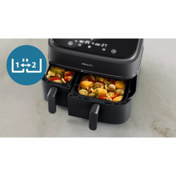 Διπλή φριτέζα θερμού αέρα Philips NA351/00, 2750 W, 6+3 λίτρα, 80-200 °C, 1,5 κιλά, 8 προγράμματα, οθόνη αφής, αντιγραφή και συγχρονισμός, Μαύρο/Ασημί