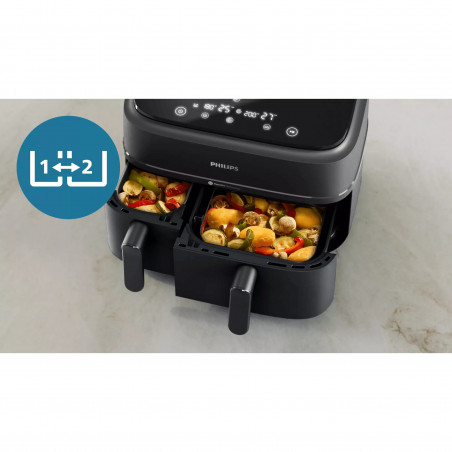 Διπλή φριτέζα θερμού αέρα Philips NA351/00, 2750 W, 6+3 λίτρα, 80-200 °C, 1,5 κιλά, 8 προγράμματα, οθόνη αφής, αντιγραφή και συγχρονισμός, Μαύρο/Ασημί