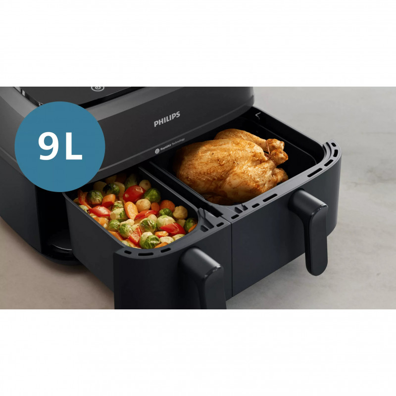 Διπλή φριτέζα θερμού αέρα Philips NA351/00, 2750 W, 6+3 λίτρα, 80-200 °C, 1,5 κιλά, 8 προγράμματα, οθόνη αφής, αντιγραφή και συγχρονισμός, Μαύρο/Ασημί