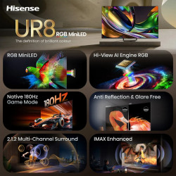 Τηλεόραση Hisense 65UR8S, 4K UltraHD 3840 x 2160, 65", Κατηγορία E, Mini-LED, 180 Hz, Αντιθαμβωτική επίστρωση, Hi-View AI Engine RGB, VIDAA, Μαύρο