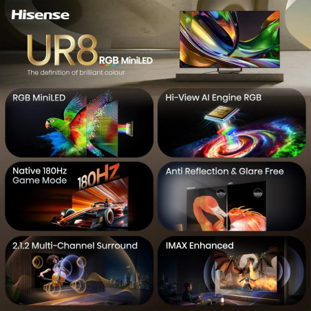 Τηλεόραση Hisense 65UR8S, 4K UltraHD 3840 x 2160, 65", Κατηγορία E, Mini-LED, 180 Hz, Αντιθαμβωτική επίστρωση, Hi-View AI Engine RGB, VIDAA, Μαύρο