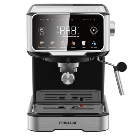 Μηχανή εσπρέσο για αλεσμένο καφέ Finlux FEM-1655BS, 1100 W, 20 bar, 1,5 λίτρα, οθόνη αφής, θερμομπλοκ, ακροφύσιο ατμού, ασημί/μαύρο