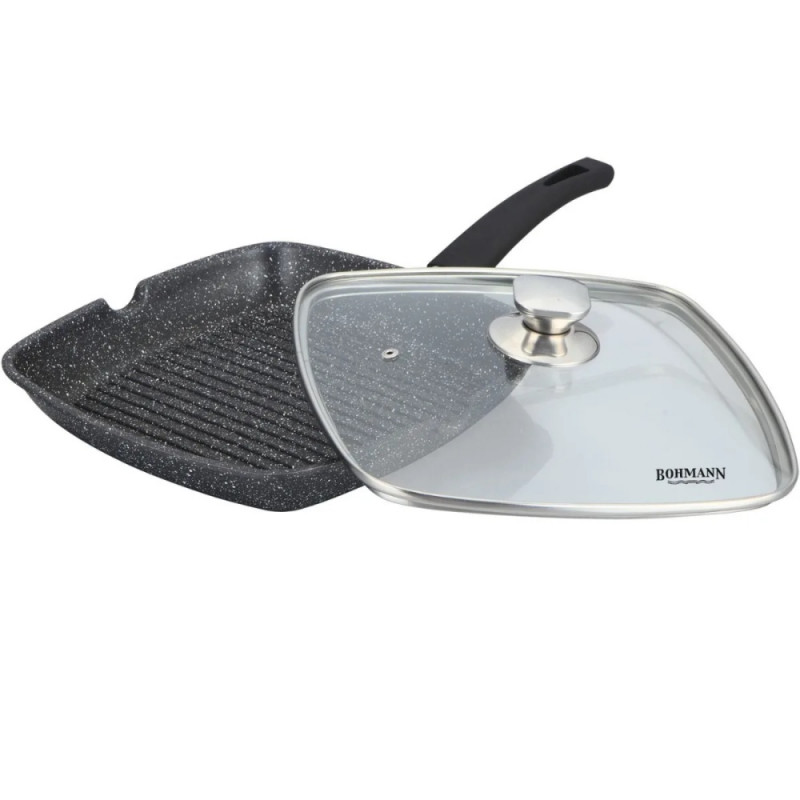 Αντικολλητική γκριλιέρα-τηγάνι με καπάκι Bohmann BH 1002-28 MRB, 28 cm, Μαρμάρινη επίστρωση, Επαγωγή, Μαύρο
