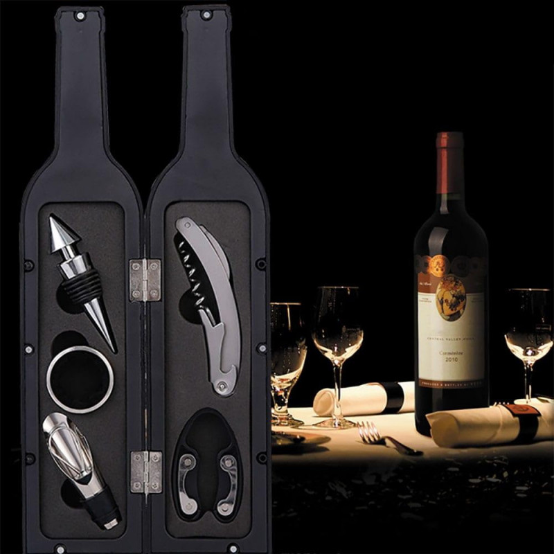 Σετ κρασιού σε θήκη μπουκάλι Bohman BH-WO-01, 5 τεμάχια, Τιρμπουσόν, Στόμιο ροής, Πώμα, Μαύρο