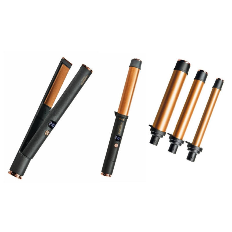 Carrera Classic σετ ισιωτήρα μαλλιών και σίδερο μπούκλας 21291112, 40/55W, Γρήγορη ρύθμιση, 6 θερμοκρασίες, 3 κώνοι, οθόνη LED, μαύρο/καφέ